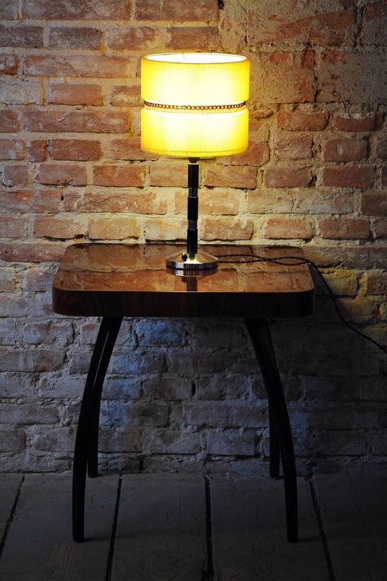 Restored Art Deco Table Lamp Chromed Steel, Beech, Parchment, Czech, 1940s – Metal, Paper (photo 8 of 11)
