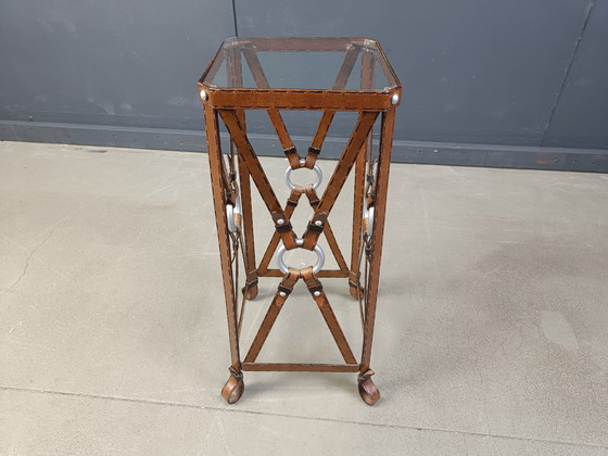 Image 1 of tavolino in ferro in ecopelle attribuito a jacques Adnet, anni '70