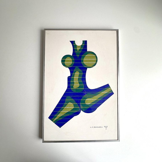 Image 1 of Vintage painting. Egon Peter Moosmann. Female torso. Op Art. 1970s. Hand-signed. Dated. Mid-Century Modern.