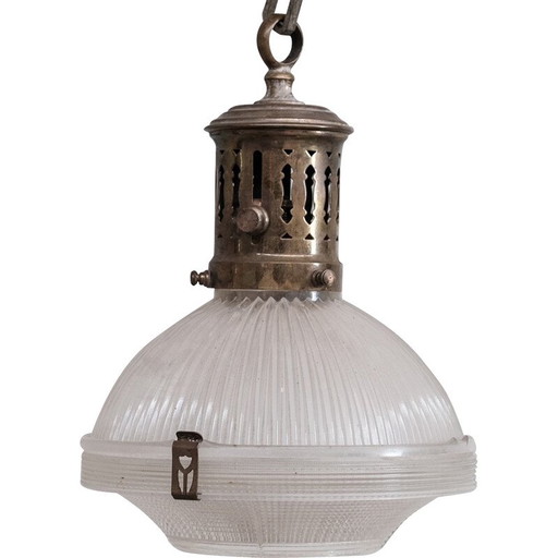 Vintage glass, chain and rose retained pendant lamp, France 1950