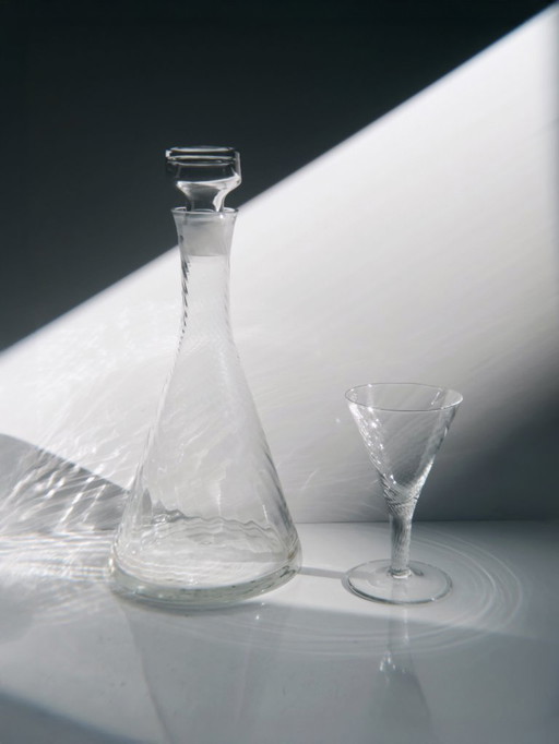 Vintage Dekanter Karaffe und 6 Likörgläser Mundgeblasen Swirl Kristall Glas 80er