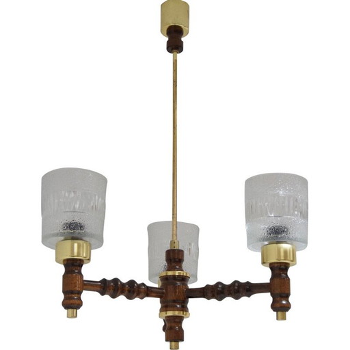Lustre vintage en bois et laiton par Jilove u Decina, Tchécoslovaquie 1970