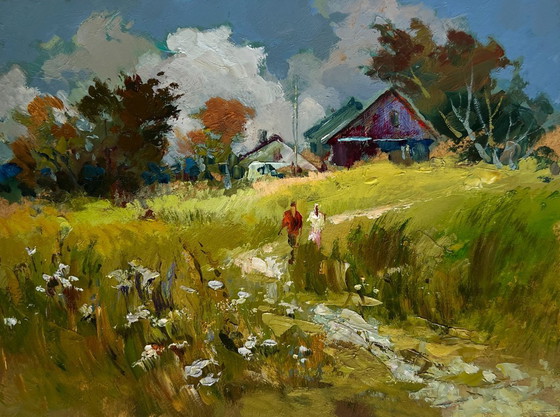 Image 1 of Original Oil Painting Summer Village Landscape A couple walking through a field