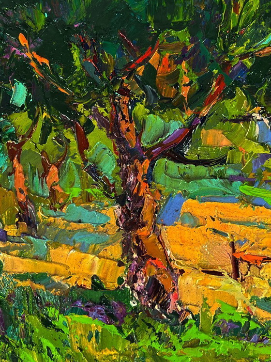 Image 1 of Peinture à l'huile originale représentant un paysage de campagne, un jardin et une maison en vacances d'été à la campagne