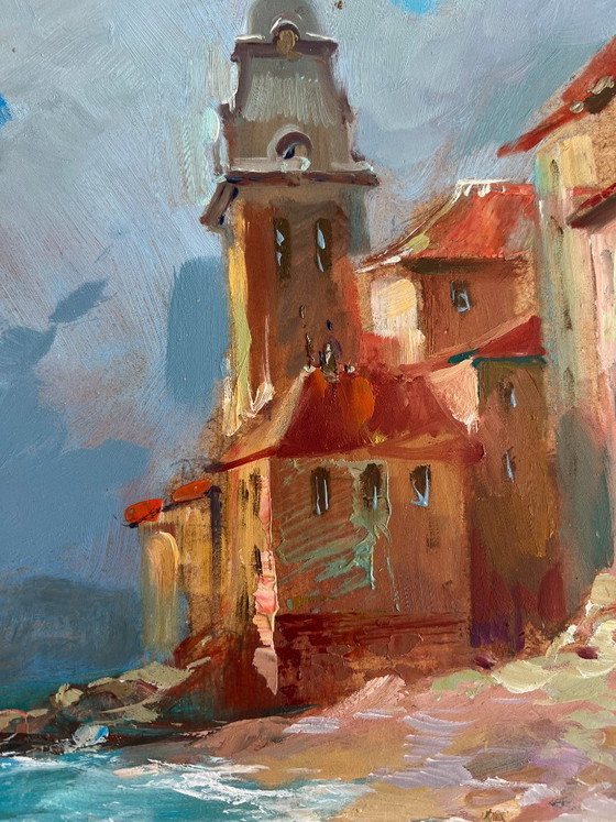 Image 1 of Original Oil Painting Summer City Landscape A quiet pier near the city