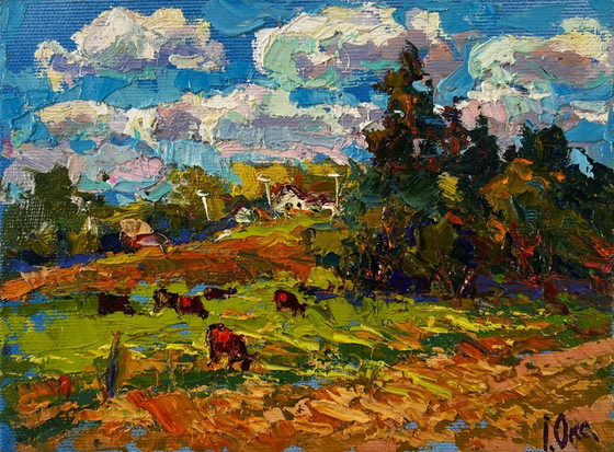 Image 1 of Original Oil Painting Rural Life Landscape A Warm Summer Day