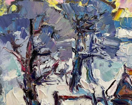 Image 1 of Original Oil Painting Winter Village Landscape The icy breath of the morning