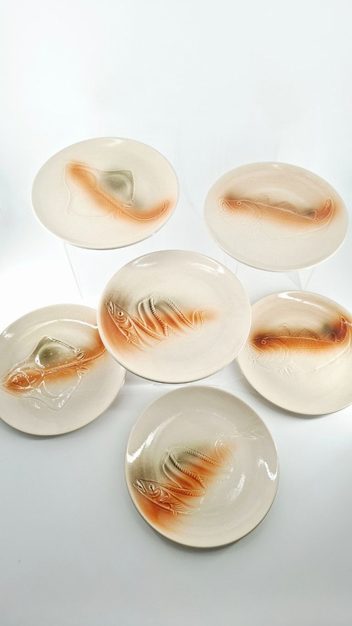 Set mit 6 Fischtellern – Steingut von Saint-Amand, Vintage 50er-60er Jahre – servies, Ceramic