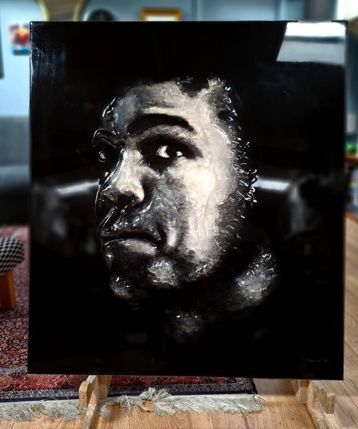 UNIQUE black and white Muhammad Ali portrait in 3D glass, 90x80cm