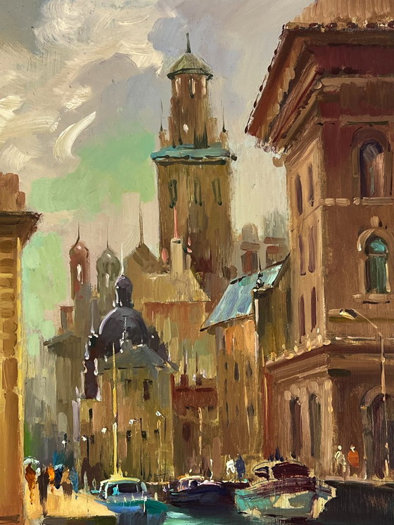 Image 1 of Original Oil Painting City River Landscape Venetian reflection