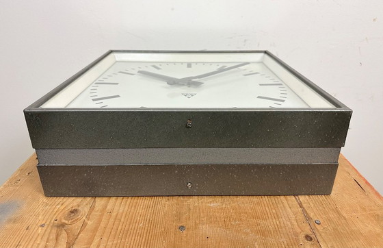 Image 1 of Large Square Industrial Double-Sided Factory Hanging Clock from Pragotron, 1970s