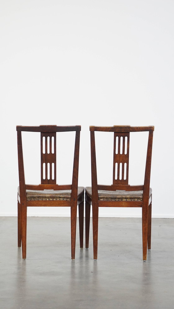 Image 1 of 6 x Leder-Esszimmerstuhl mit Holz