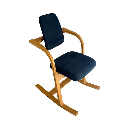 Peter Opsvik - Stokke - Actulum - Ergonomically Shaped Rocking Chair - Blue Velvet Upholstery and Wooden Frame