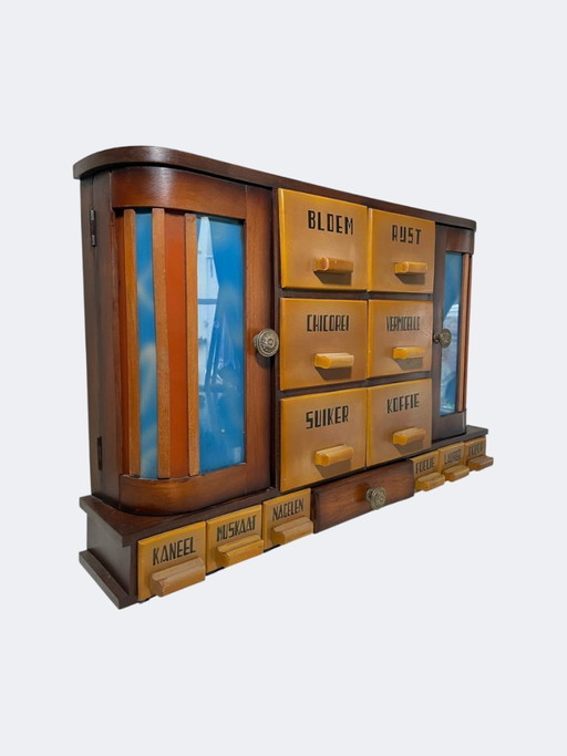 Art Deco keukenkastje met lades voor kruiden - Antiek geschilderd glas en hout, wanddecoratie voor kruiden.