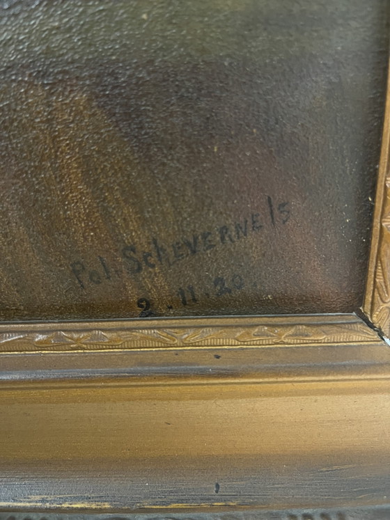 Antique oil painting on wooden panel (1920) – Signed – Interior with fireplace – Includes original frame (photo 6 of 10)