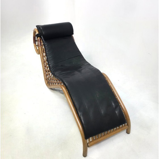 Image 1 of Flechtatelier Schütz chaise longue in rotan met leer. 70's design 