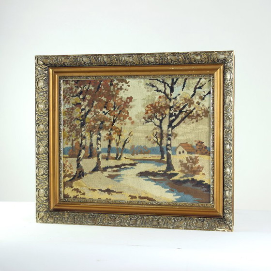 Image 1 of Vintage Embroidery Wall Art In A Frame, 1950s