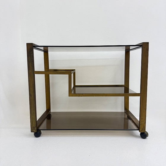 Image 1 of Barwagen aus Messing mit Rauchglas aus der Mitte des 20. Jahrhunderts, 1970er Jahre