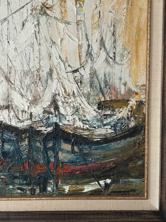 Characteristic Mid-Century modern harbor view. Oil on canvas (impasto) – Paintings & Drawings, Wood (photo 7 of 11)