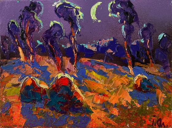 Image 1 of Original Oil Painting Fall Nature Landscape Blue Autumn Night
