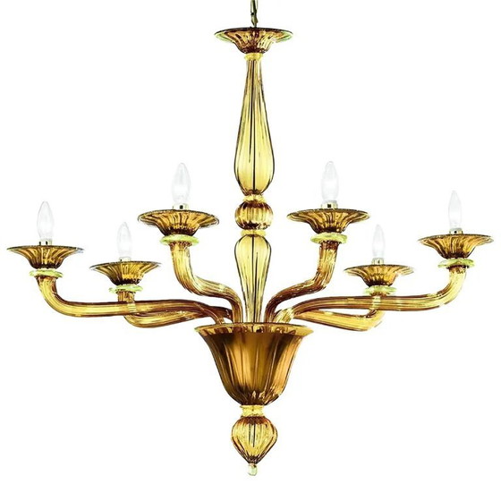 Image 1 of Handgefertigter, moderner, linearer Rigadin-Kronleuchter aus bernsteinfarbenem Muranoglas