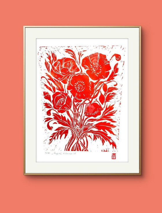 Image 1 of Papaveri - Stampa linoleografica fatta a mano in formato A3