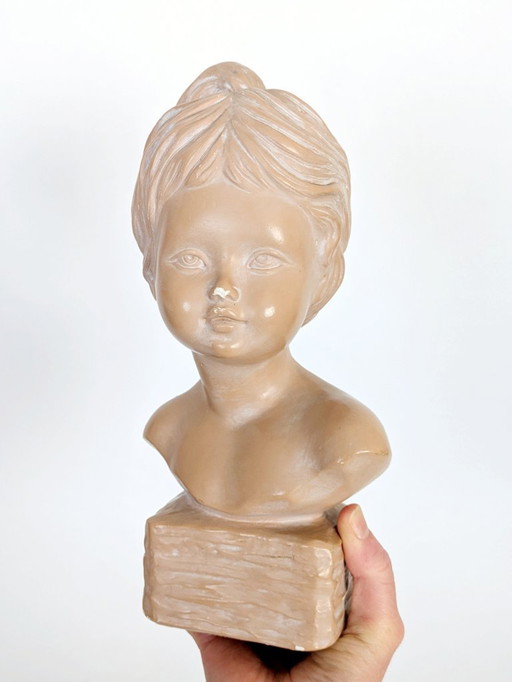 Vintage Young Girl Bust on Pedestal, After Salvatore Melani, Glazed Plaster Terracotta Patina, Signed