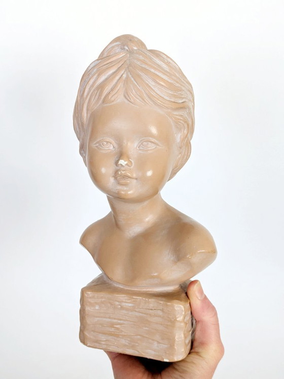 Image 1 of Vintage Young Girl Bust on Pedestal, After Salvatore Melani, Glazed Plaster Terracotta Patina, Signed