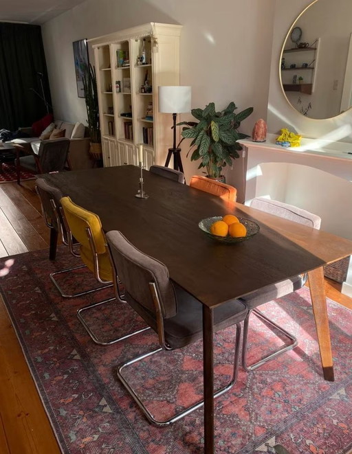 6 Dining Chairs Ribbed Fabric Bauhaus - Gray, Ochre Yellow & Orange
