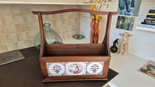Portariviste vintage in legno con piastrelle in ceramica in stile Delft – tijdschriftenrek, Wood