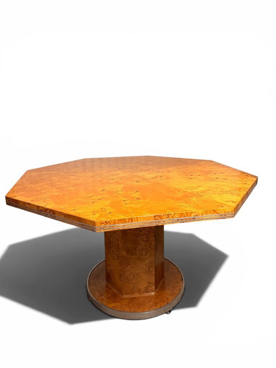 Image 1 of Mario Sabot Extendable Dining Table - Burl Wood & Metal (1970s)