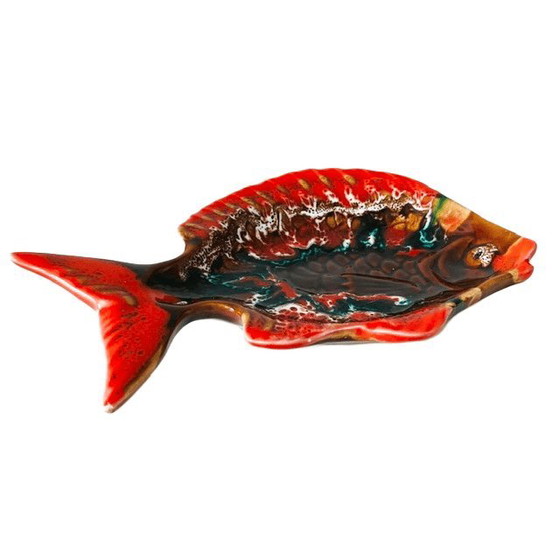 Image 1 of Vintage modernist French Vallauris fish dish, fat lava glazed Majolica, 1950s