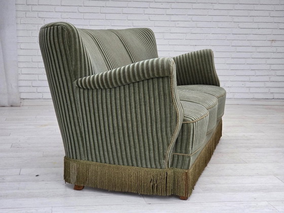 Image 1 of 1960s, Danish 3-seater sofa, original green furniture velour, oak wood.