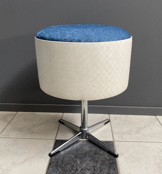 Image 1 of Sewing box on chroom foot, white skai and blue gabric 1960s