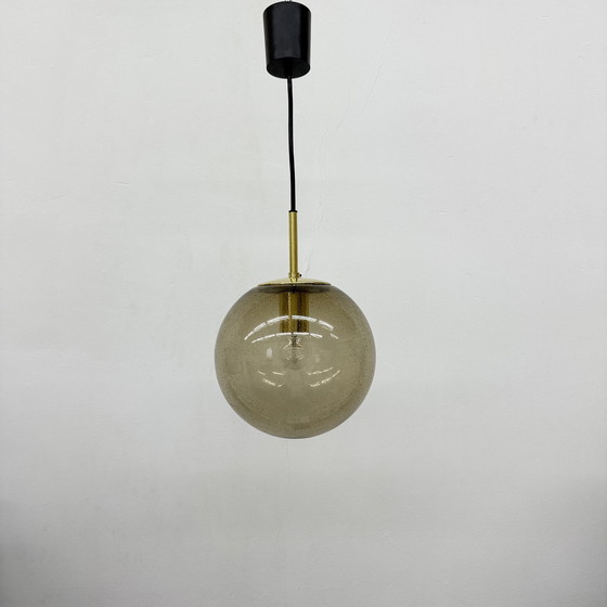 Image 1 of Limburg Glashütte Brass Smoked Glass Ball Pendant Hanging Lamp, 1970s