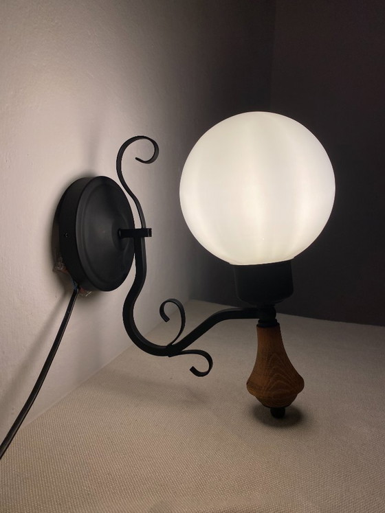 Vintage Opal Glass Globe Wall Lamp with Wood Detail, 1970s, Wall lights, Metal, Black (photo 13 of 16)