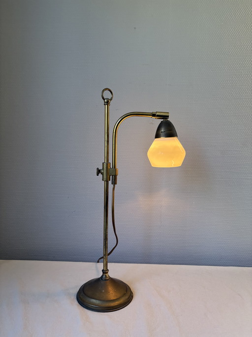 Vintage Art Deco brass with white milk glass shade, adjustable in height