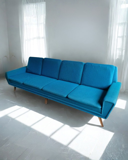 Zeldzame Deense 4-Zits Bank + Fauteuil | Petrol Wol | Jaren '60