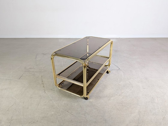 Image 1 of Mid-century side table, serving trolley, brass and glass, Italy, 1970s vintage