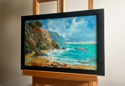 Peinture à l'huile originale représentant un paysage marin côtier. Navigation vers le rivage en bateau.