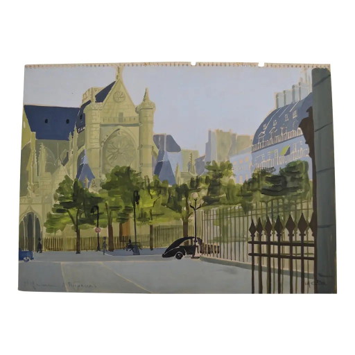 Französische Schule des 20. Jahrhunderts "Paris - Blick auf St Germain L'Auxerrois" Gouache Monogrammiert, Datiert 1958
