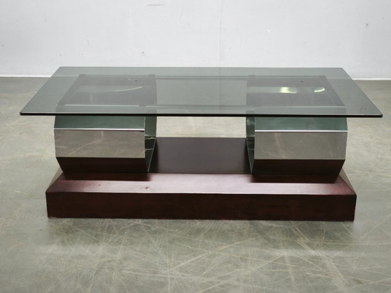Table basse italienne en chrome, verre fumé et bois, années 70, style Willy Rizzo – Tables basses, Wood (photo 13 of 13)