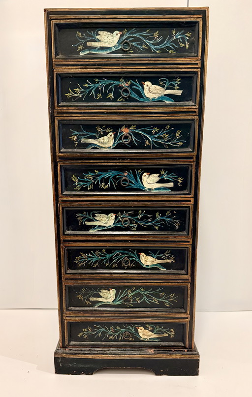 Vintage handbemalte, reich verzierte schwarze Holzkommode mit 8 Schubladen