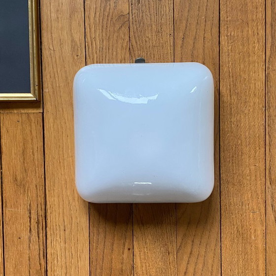 Image 1 of White opaline glass ceiling light, square wall sconce, 1960s-1970s, vintage light fixture, 20 cm
