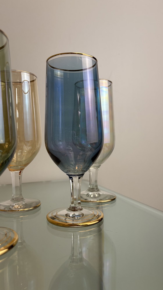 Image 1 of 8 x Vintage iridescent wine glasses or water glasses rainbow glass