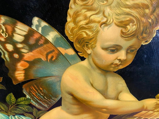 Estampe Lithographie Polychrome Avec Réhaut Doré Putto Chérubin Ange Papillon