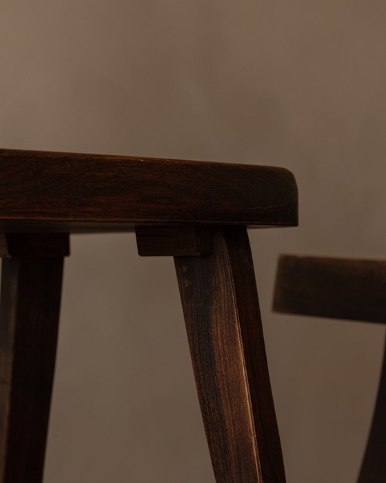 Image 1 of Set of 3 Vintage “T” Dining Chairs by Aranjou, France (c.1960s) – Stained Elm, Brutalist Sculptural