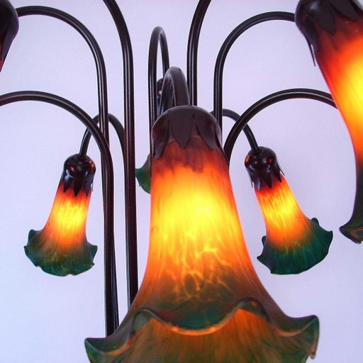 Large Art Nouveau Lily Floor Lamp in Tiffany Style | 10 Light Points | Paste Glass