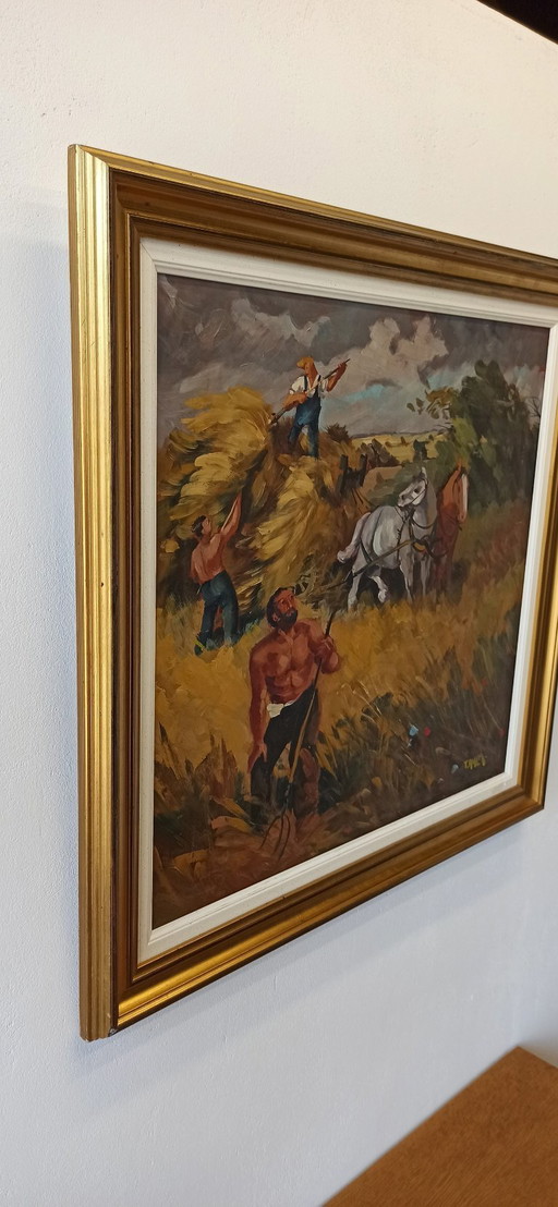 Oil Painting by T. Ahlberg, Harvest Scene with Horses and Farmers
