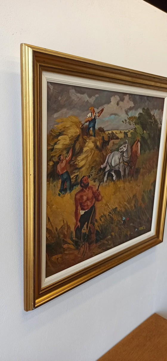 Image 1 of Oil Painting by T. Ahlberg, Harvest Scene with Horses and Farmers